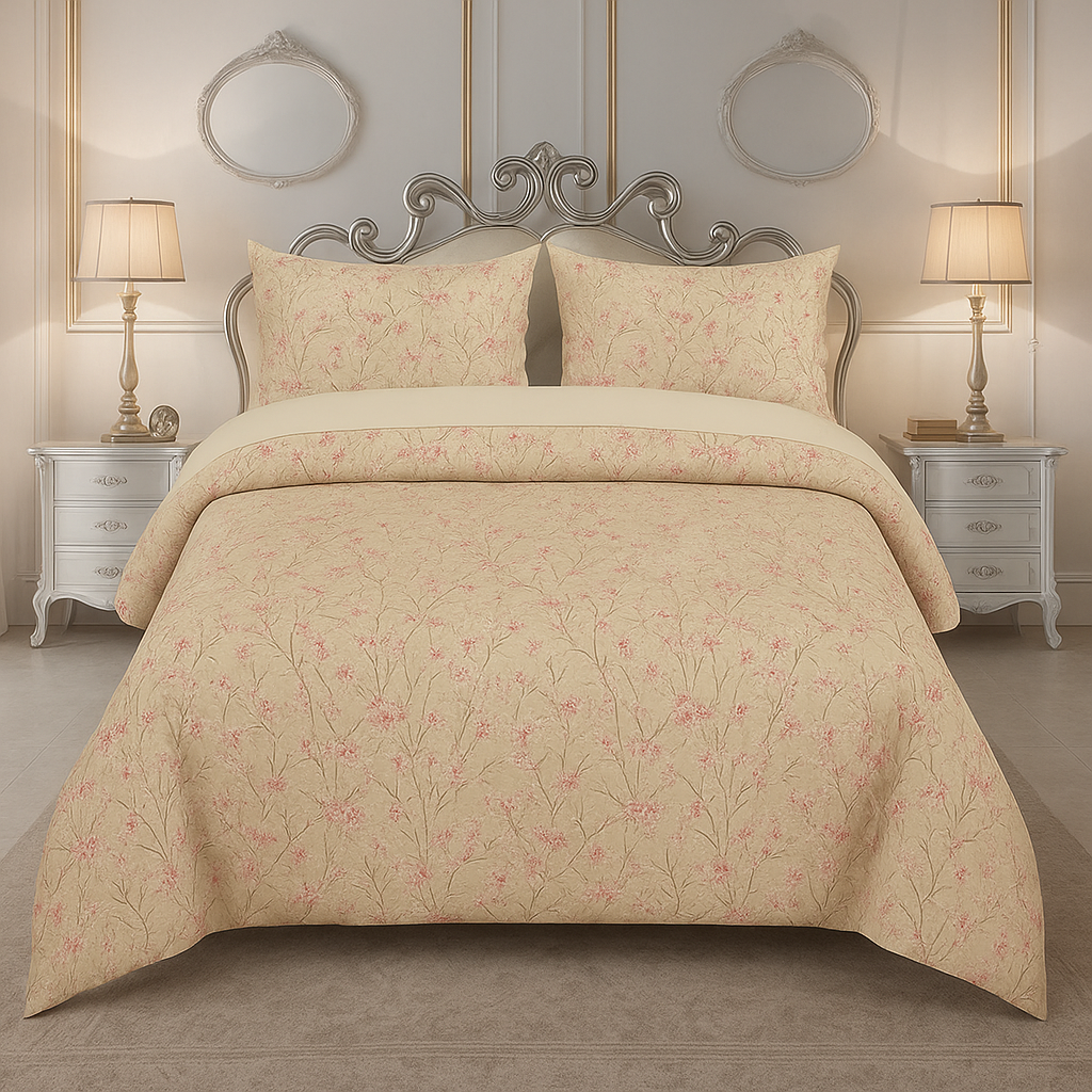 Rooma Crystal Cotton King Size Bed Sheet – Beige Floral Print (Design #8845)