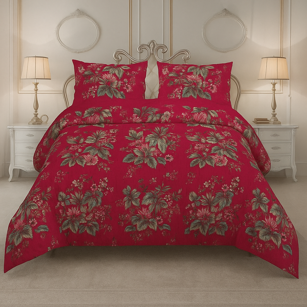 Rooma Crystal Cotton King Size Bed Sheet –Vibrant Floral Luxury Design #8884 (Red)